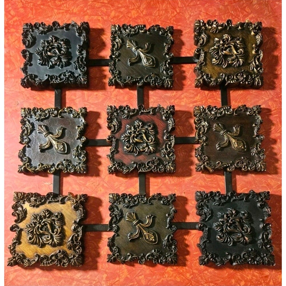 Ornate Black & Gold Metal Wall Hanging 3x3 Tile Grid Floral Bows Decor 17x17in